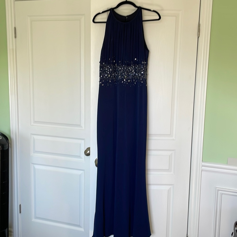 Melanie Lyne Navy Blue Gown / Prom Dress with Keyhole and Beading Detail